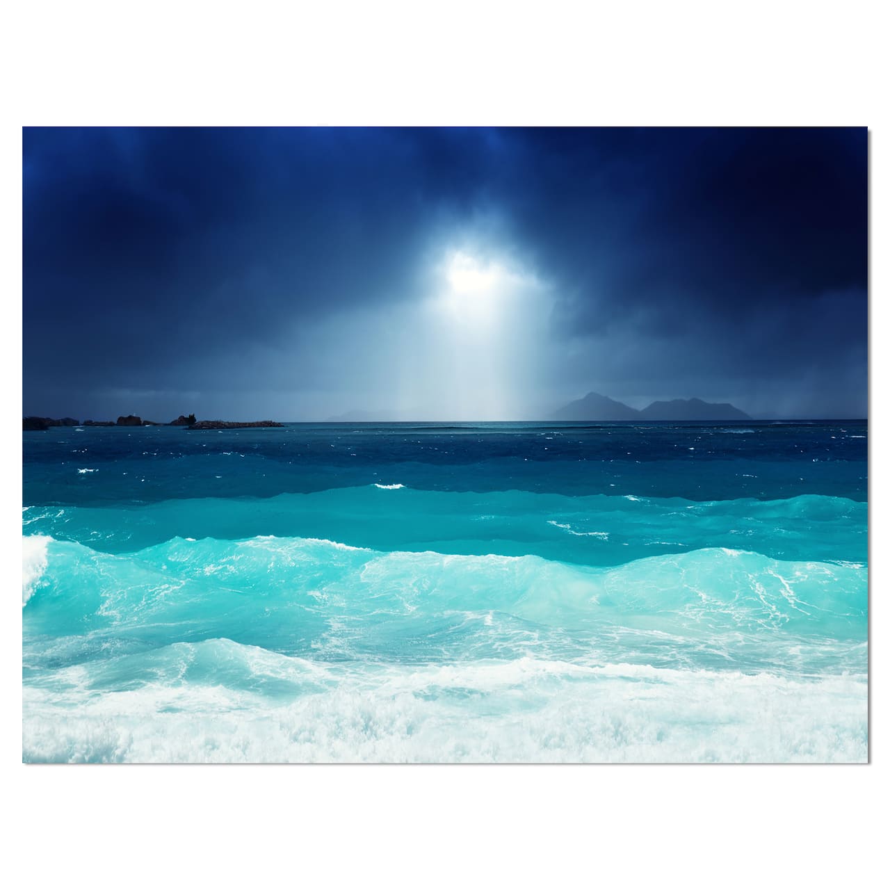 Designart - Neon Sea Waves under Dark Sky - Sea & Shore Photographic on wrapped Canvas